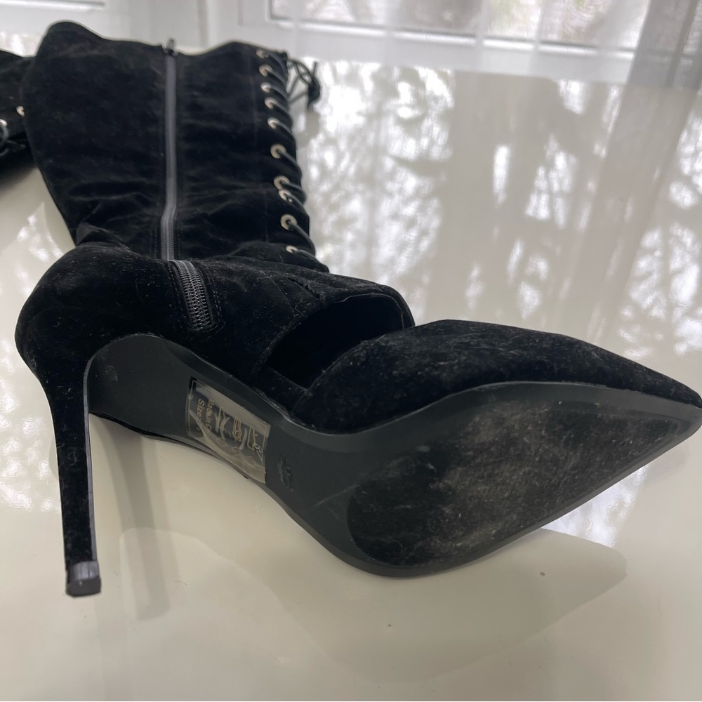 SHOE REPUBLIC LA boots BLACK lace up open front tall knee high velvet boot 8.5 - Picture 8 of 8